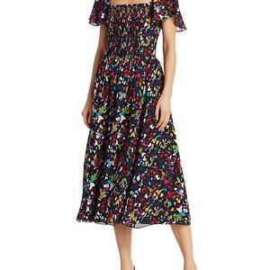 Tanya Taylor Glenda Smocked Silk Midi Dress, Size Medium